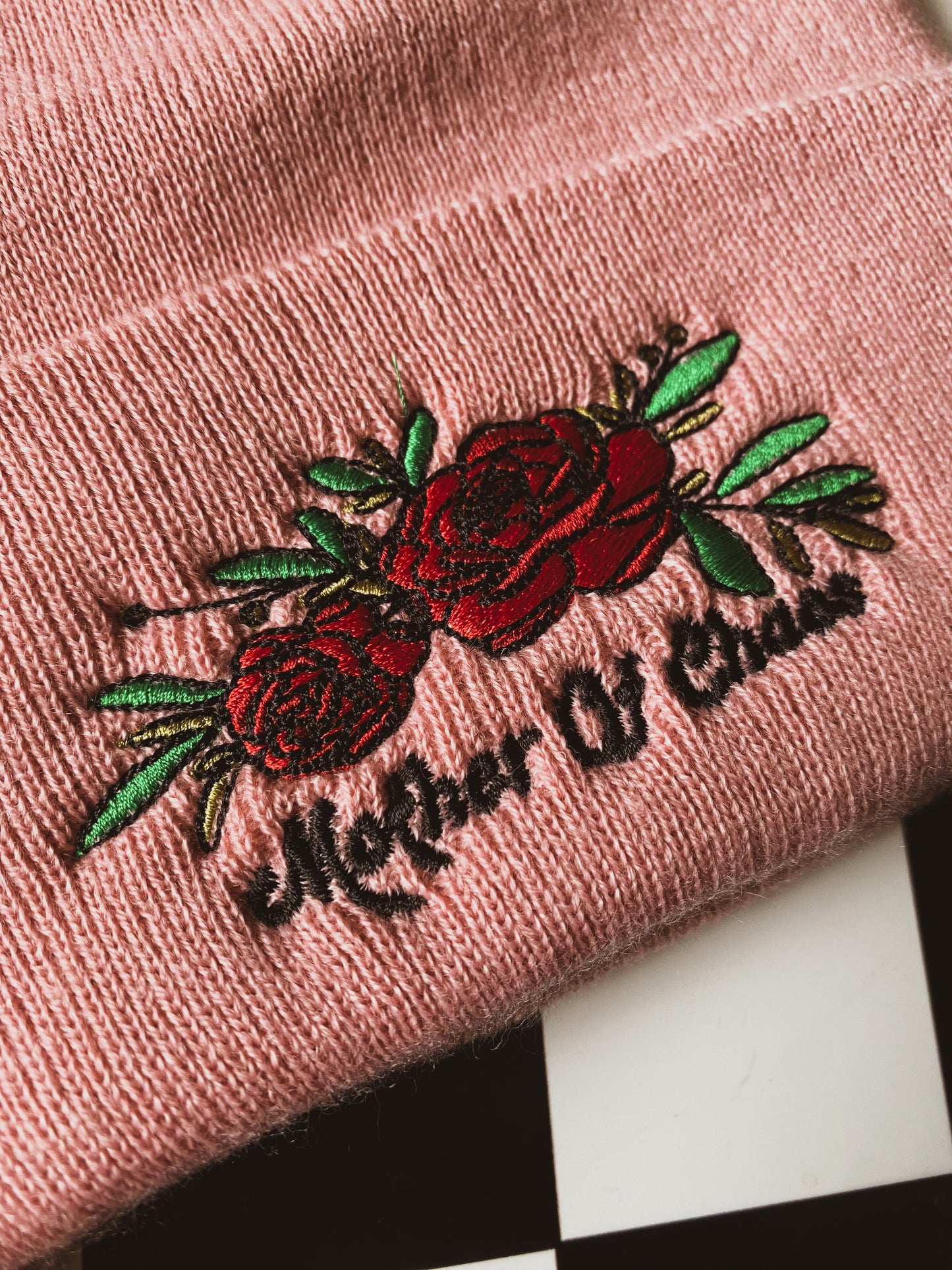 Mother Of Chaos Embroidered Beanie - Dusty Pink