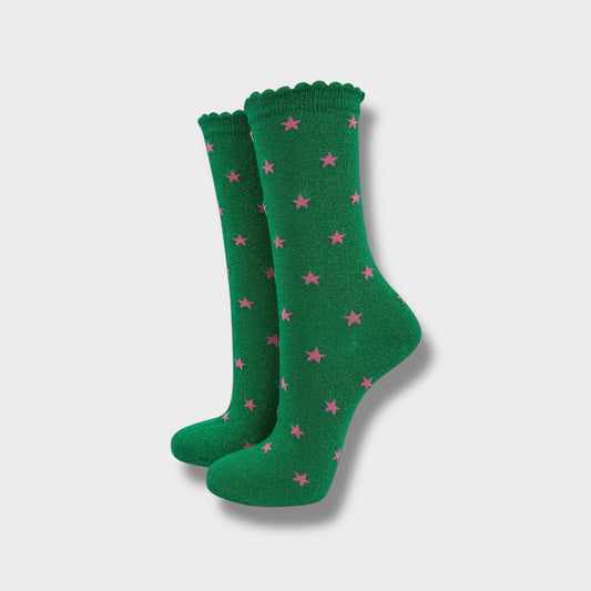 Womens Star Print Cotton Glitter Socks in Green