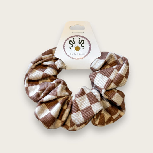Beige Checkerboard Velvet Scrunchie