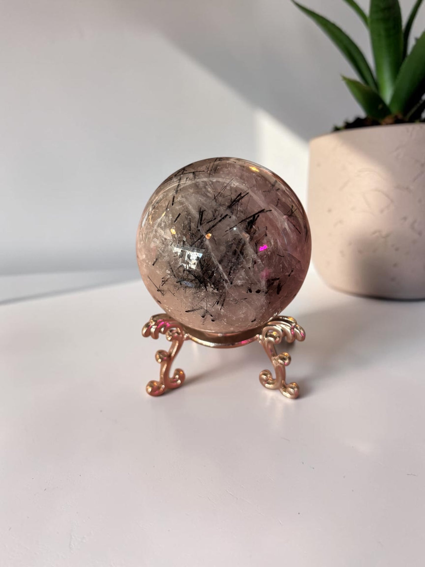 Clear Quartz & Tourmaline Crystal Sphere with stand