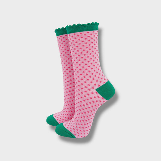 Women Cotton Glitter Socks Polka Dot Spots in Pink & Green