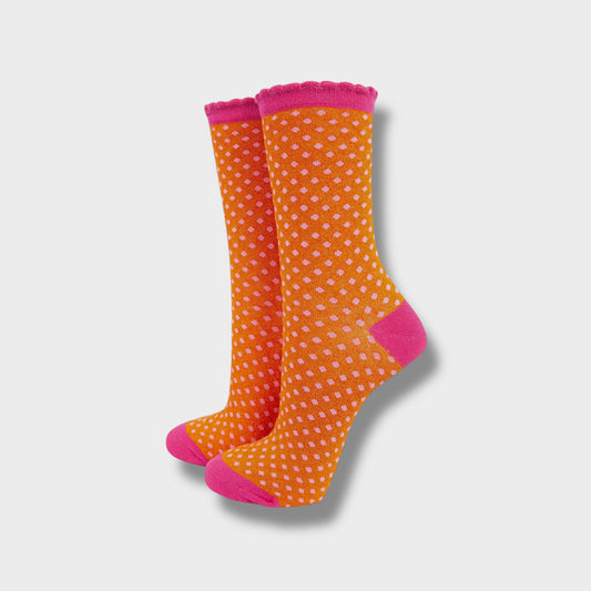 Women Cotton Glitter Socks Polka Dot Spots in Orange & Pink