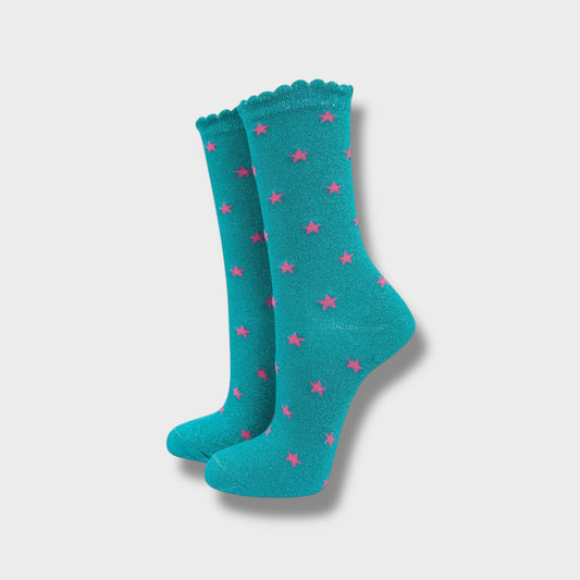 Womens Star Print Cotton Glitter Socks in Blue