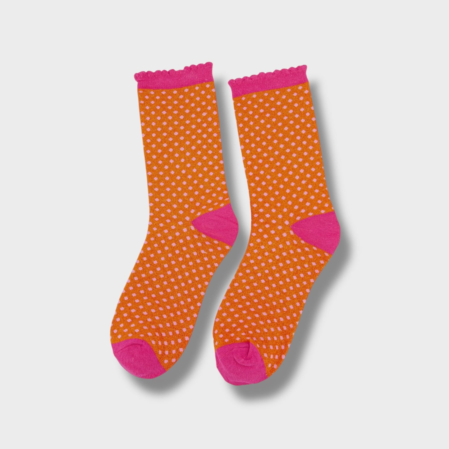 Women Cotton Glitter Socks Polka Dot Spots in Orange & Pink