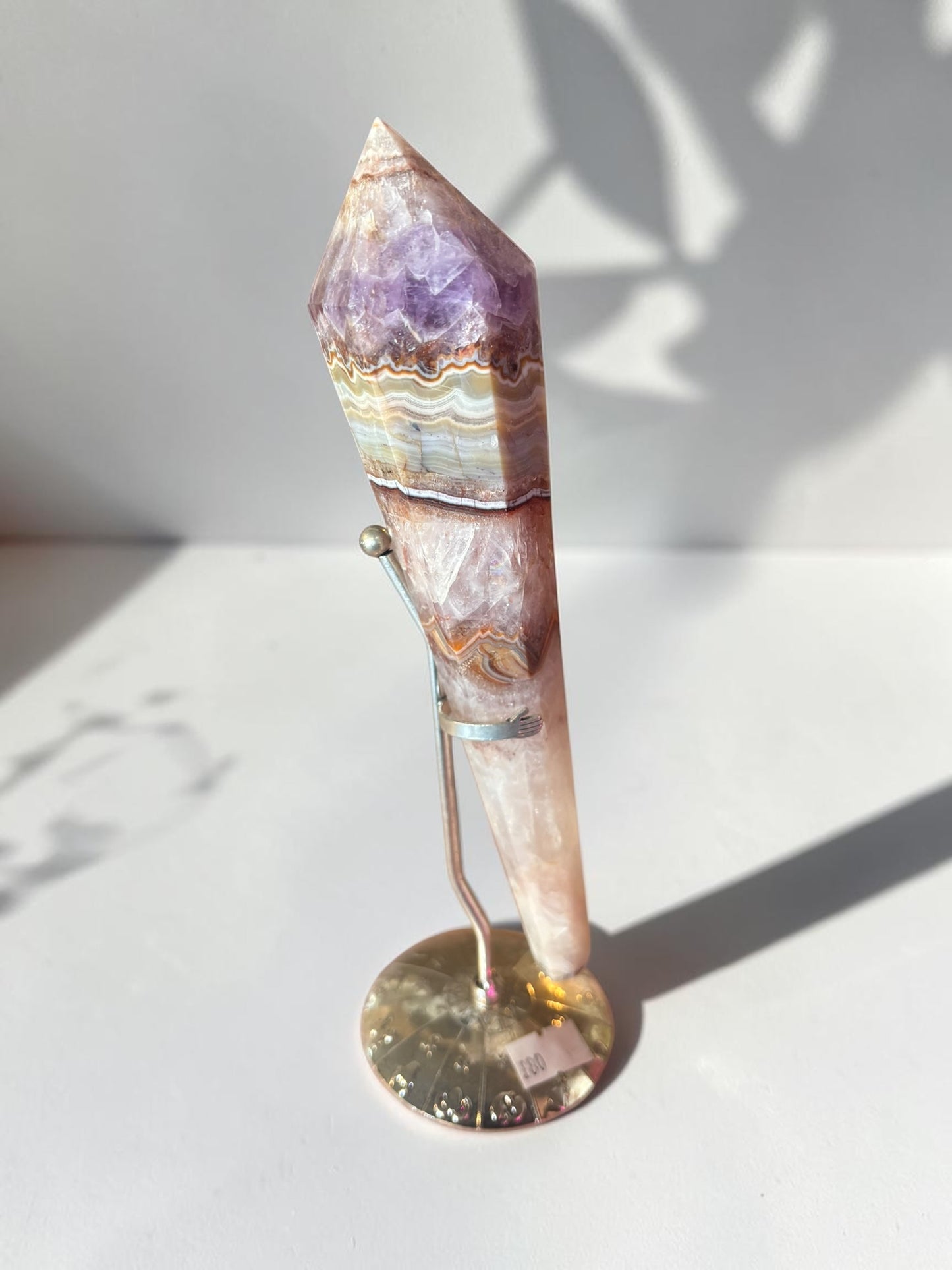 Amethyst and Mexican Agate Crystal Wand wirh zodiac stand