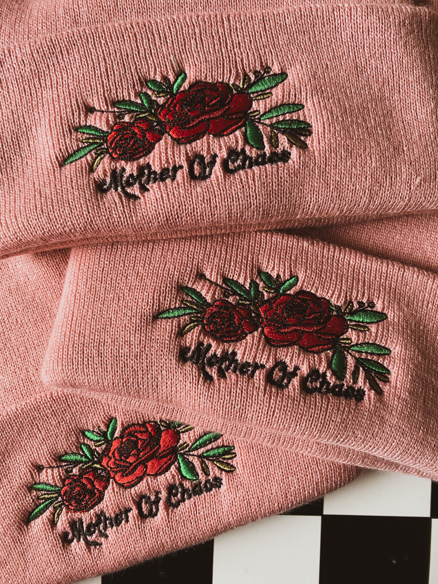 Mother Of Chaos Embroidered Beanie - Dusty Pink