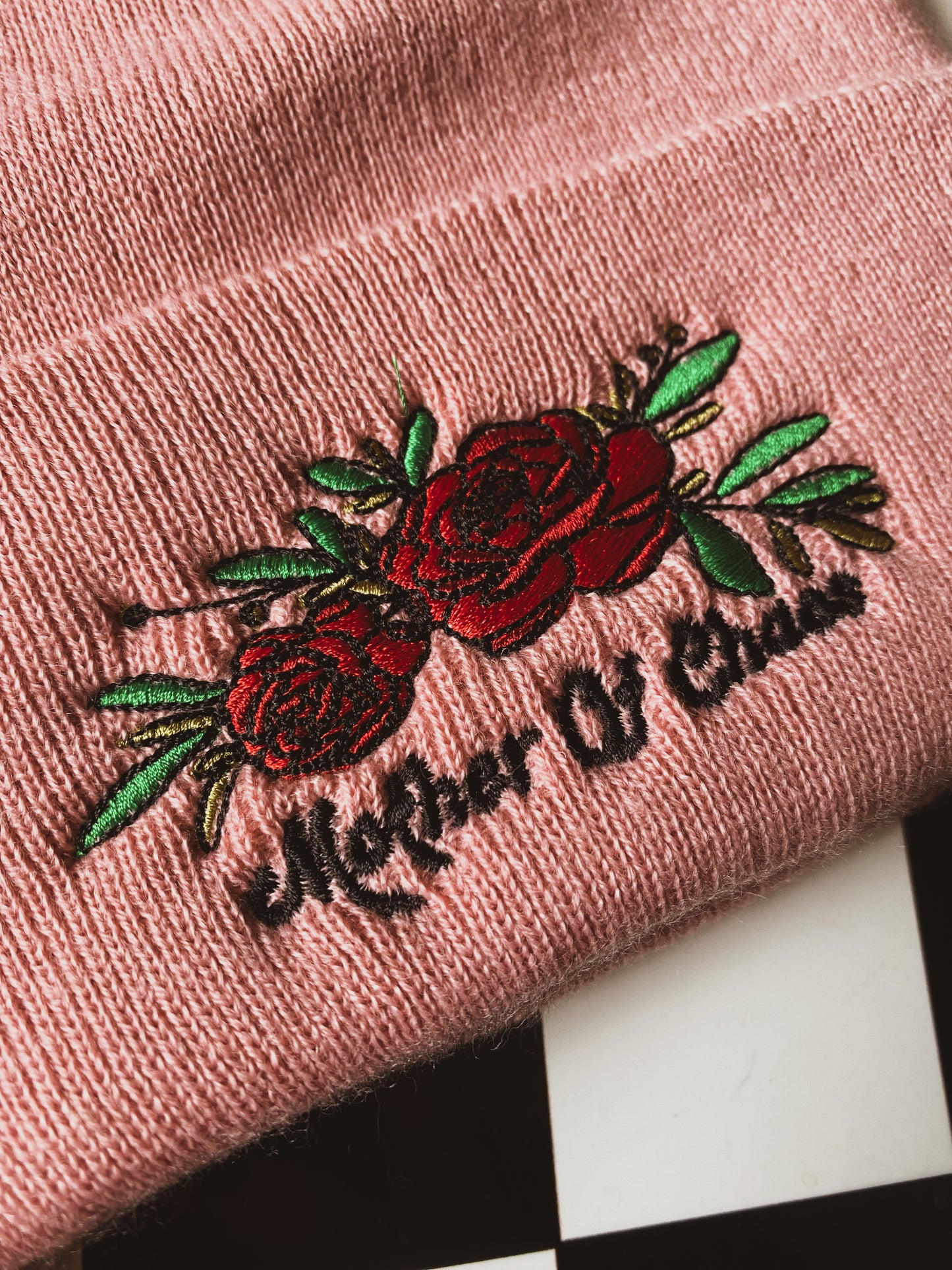 Mother Of Chaos Embroidered Beanie - Dusty Pink
